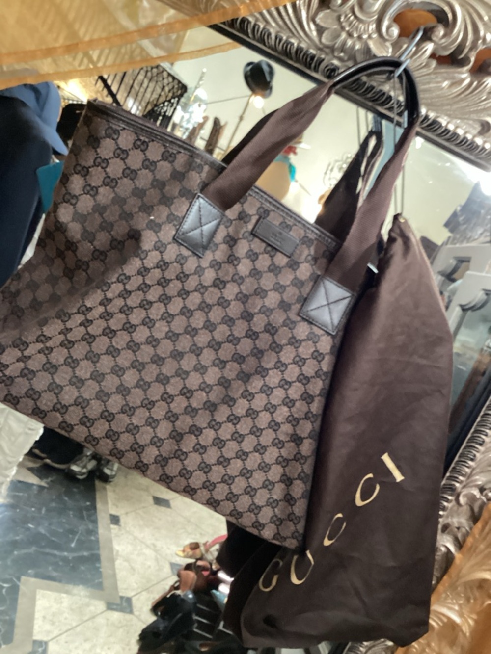 Gucci Brown GG Monogram Canvas Tote with Dark metallic brown canvas